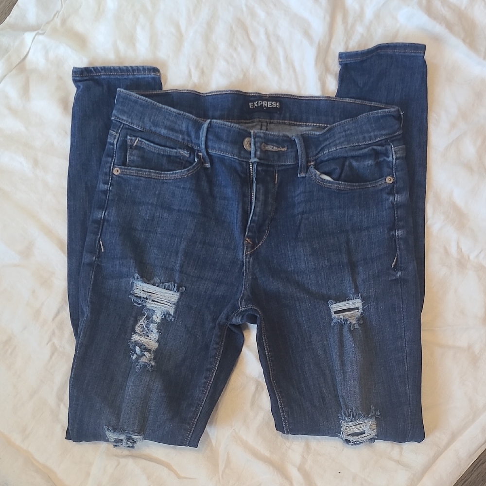 Express Blue Skinny Jeans with Distressed Details